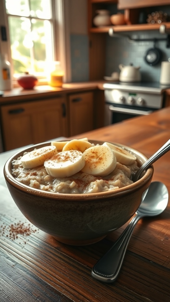 Healthy Oatmeal Breakfast Recipe A bowl of oatmeal topped with bananas and honey on a wooden table.